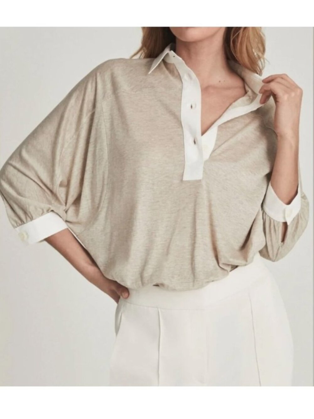 REISS Penelope Contrast Trim Top In Neutral Size S